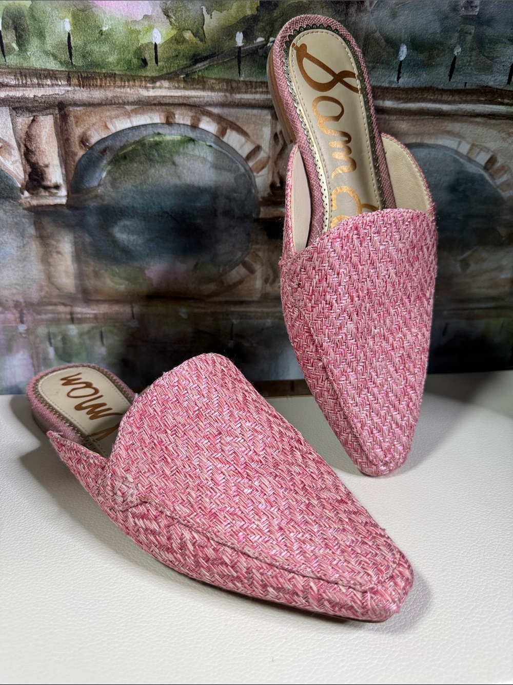 Sam Edelman Eiko Mules featuring a washed-out magenta pink woven tweed.size 6.5